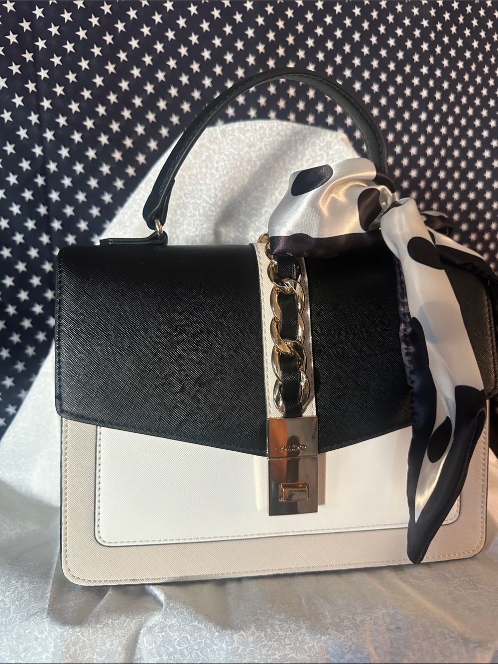 Aldo Black and White Top-Handle Satchel with Gold Chain Accent